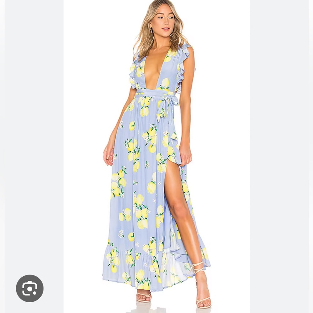 Majorelle Sweet Pea Ruffle Sleeveless Maxi Dress Deep V Blue Lemon Size Small